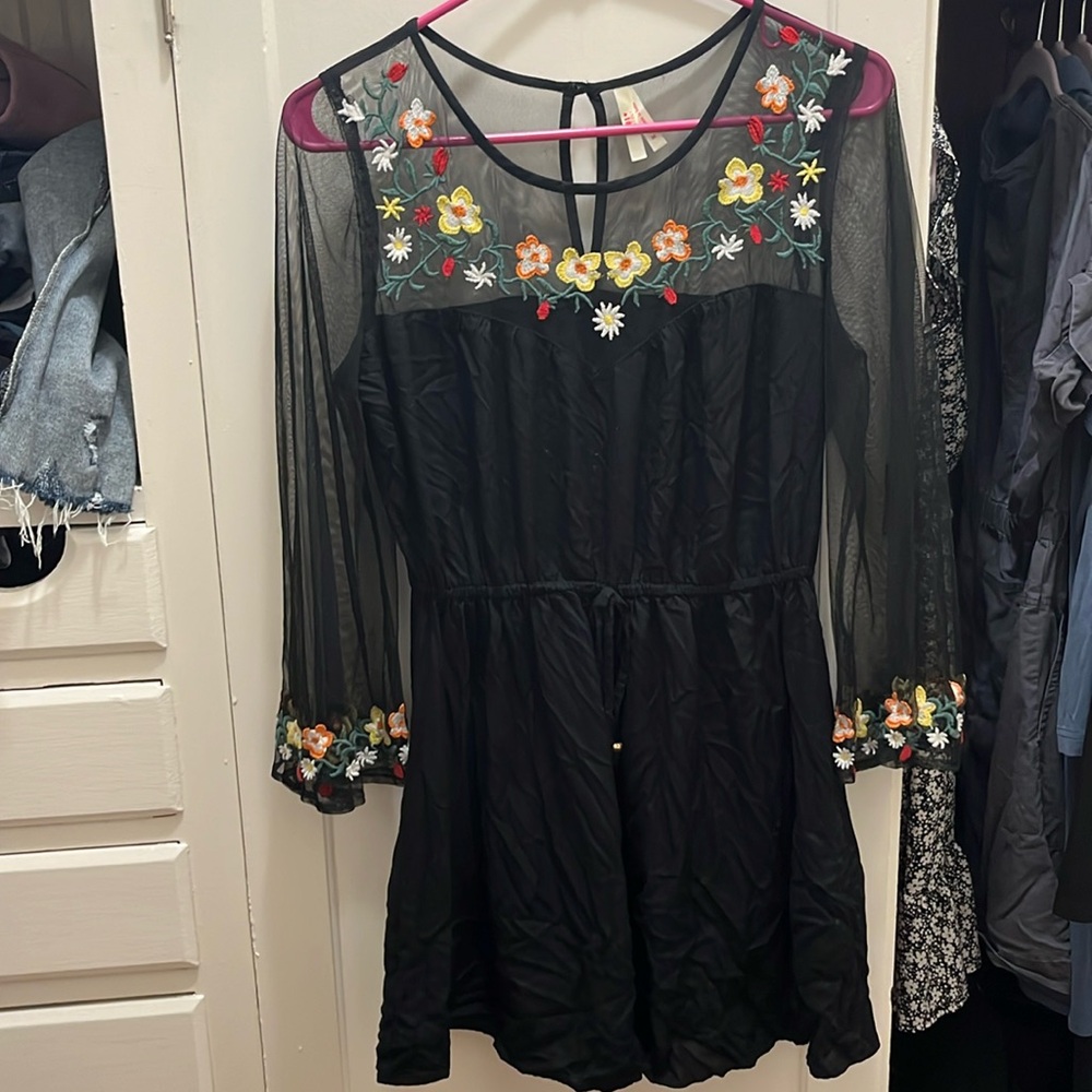 Black mini dress with 3/4 floral trimmed sleeves